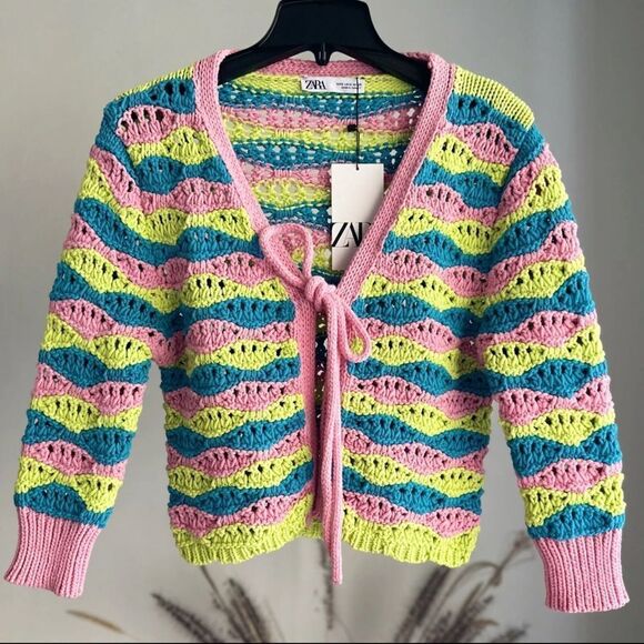 Zara Sweaters - ZARA STRIPED KNIT CARDIGAN WITH TIES NEW S L